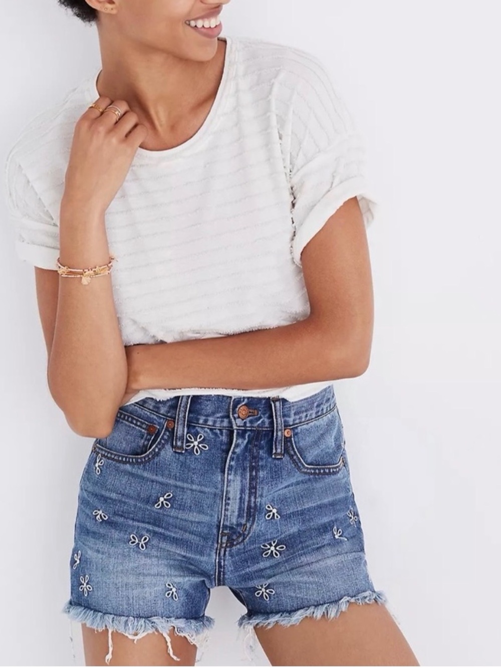 Madewell Blue Embroidered Denim Cutoff Shorts with Embroidered Daisies